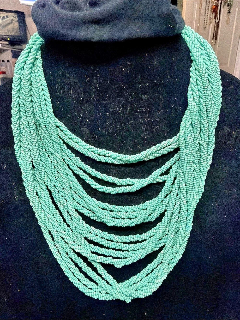 Vtg Aqua 16 Strand Beaded Layered Statement Necklace